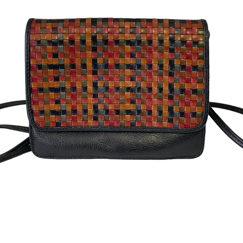 Vera Pelle Weave Woven Genuine Leather Crossbody Bag Multicolor Magnetic Flap - Picture 3 of 15